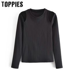 TOPPIES Women Black Off Shoulder Slim Tops Sexy Long Sleeve Shirt Hollow Out T Shirt 210412