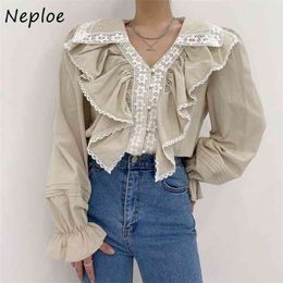 Heavy Work Lace Hook Flower Elegant Blouse Women V Neck Ruffles Ol Solid Blusas Pullover Flare Long Sleeve Loose Shirt 210422