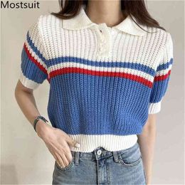 Summer Striped Knitted Crop Tops T Shirt Women Short Sleeve Turn-down Collar Pullover Casual Fashion Korean Tees T-shirts 210513