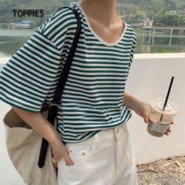 Toppies Vintage Striped T-shirts Oversize Woman Tops Round Neck Loose Short Sleeve Tops Tee 210412