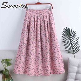 Cotton Summer Midi Skirts Women Korean Style Pink Floral Print Aesthetic High Waist Long Pleated Skirt Female 210421