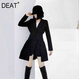 Black Striped Pleated Medium Length Jacket Niche Design Asymmetric Two Piece skirt Suit Spring And Autumn GX1164 210421