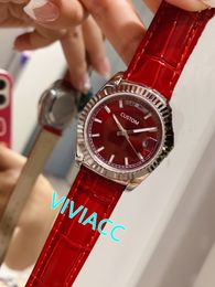 Classic Brand Stainless Steel Sport Week Date Watches Women Lady Automatic Mechanical Leather watch Silver Red dial 33mm