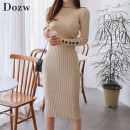 Sexy Bodycon Solid Dress Autumn Turtleneck Long Sleeve Knitted Fashion Dress Knee Length Button Jumper Vestido Sheath Ropa Mujer 210414