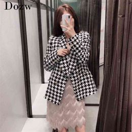 Moda Houndstooth Blazer Mulheres Elegante Tweed Casaco Casual Dupla Breasted Terno Casaco Manga Longa Feminina Chaqueta Mujer 210515