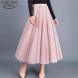 Style Autumn Elegant Sweet Casual A-line Women Gray Brown Beige Pink Black Long Skirts Solid Tulle Skirt 4884 50 210417