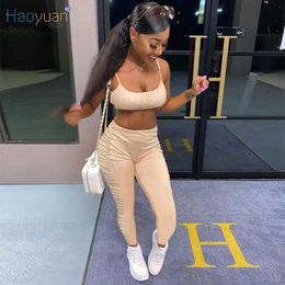 HAOYUAN Sexy Summer Two Piece Set Off Shoulder Crop Top Stacked Pants Tracksuit Women Outfits BacklClubwear Matching Sets X0709