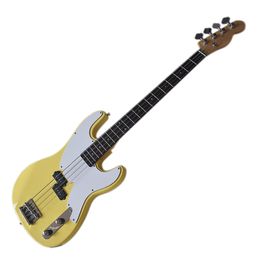 High Quality-4 Strings Yellow Electric Bass Guitar with White Pickguard,Yellow Maple Fretboard