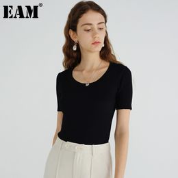 [EAM] Women Black Green Knitting Solid Colour Casual T-shirt Round Neck Short Sleeve Fashion Spring Summer 1DD6869 210512