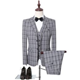 Men's Plaid Check Business Suits Men Wedding Party Latest Coat Pant Designs High Quality Jacket Vest & Blazers