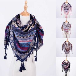 Boho Scarf Women Winter Cotton Blends Neck Wrap Long Warm Ethnic Print Triangle Tassel Multi-purpose Shawl