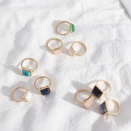 Fashion Square Pink Rose Quartz Crystal Turquoise Rings Geometric gold Plated white blue Natural Stone Ring for Women Jewellery gift