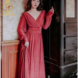 Fashion Women Sequin Sexy Deep V-Neck Pleated Party Dress Long Sleeve Spring Fall Elegant Maxi 210520