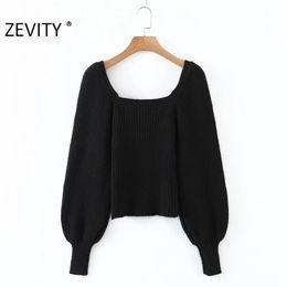 Women Vintage Square Collar Lantern Sleeve Casual Knitting Sweater Female Chic Court Style Brand Pullovers Tops S453 210420