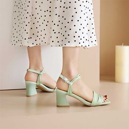 Summer Peep Toe ankle strap Sandals Women Thick High Heels Shoes Buckle Party Lady Green White Purple Pink Size 33-43 Y0721