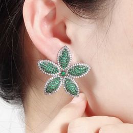 Chic Micro Pave Cubic Zirconia Dark Blue Big Flower Leaf Earrings Luxury Fashion Women Party Wedding Jewelry CZ662 210714