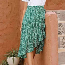 Summer Skirt Women's Elegant High Waist Slim Mid-Length Chiffon Ruffled Asymmetrical Vintage skirts womens 210508