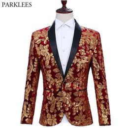 Mens Shiny Red Sequin One Button Blazer Jacket Nightclub Party Wedding Suit Blazer Men Dinner Party Stage Singer Blazer Hombre 210522