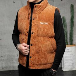 Winter Corduroy Vest Men Warm Coat Stand Collar Sleeveless Jacket Thicken Cotton Padded Gilet Men Thermal Waistcoat 211111