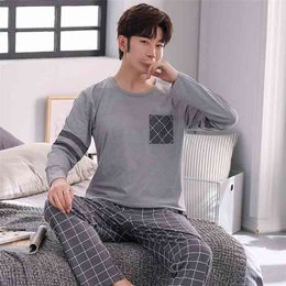 Autumn Long Sleeve Casual Plaid Pyjama Set for Men Korean Soft Sleepwear Suit Pyjamas Male Loungewear Homewear Home Clothes 210901