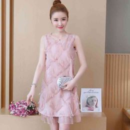 Pink Dress Ruffle Sleeveless O Neck Women Summer Korean Style Tassel Elastic Waist Chiffon Mesh Sexy Dresses 210420