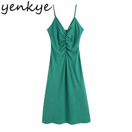 Sexy Backless Green Sling Long Dress Women Draped V Neck Sleeveless A-line Summer Night Out Vestido 210430