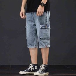 Jeans Shorts Men's Summer Breeches Multi Side Pocket Casual Bermuda Male Straight Long Blue Denim Loose Cargo Shorts Men 210518