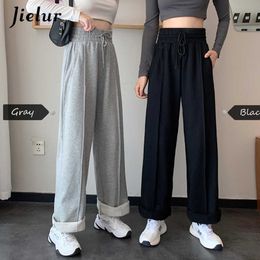 Jielur High-waisted Pants Drawstring M-XL Wide Leg Pants Women Cool Black White Casual Harajuku BF Sweatpants Trousers 211006