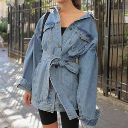 Denim Tops Drop-Shoulder Long Sleeve Korean-Style Casual Jeans Coat Loose Pockets Sashes Blue Turn Down Collar 192B 210420