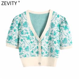 Zevity Women Fashion V Neck Floral Print Jacquard Short Knitted Sweater Female Chic Puff Sleeve Cardigans Crop Tops SW837 210805