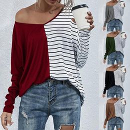 Women's Blouses & Shirts 2021 Women Khaki Basic Cotton T Shirt Short Sleeve Fashion V-neck Long Stripe Stitching Contrast Casual T-shirt