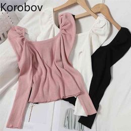 Korobov Preppy Style Sweet Women Puff Sleeve Sweaters Pullovers Chic Sueter Mujer Korean Elegant Square Collar Jumper 210806