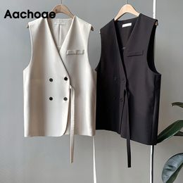 Aachoae Chic Autumn Blazer Vest Women Solid V Neck Office Waistcoat With Belt Casual Double Breasted Sleeveless Jacket Coat 210413