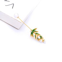 Pins, Brooches BALANBIU Unique Green Enamel Leaves Branch Acrylic Pearl Flower For Women Gifts Gold Color Coat Sweater Pins Accessory