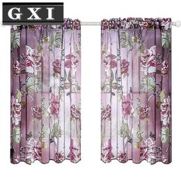 Purple Flowers Tulle For Kitchen Living Room Bedroom Sheer Curtains Home Decoration Short Window Treatments Voile Panel Drapes Curtain &