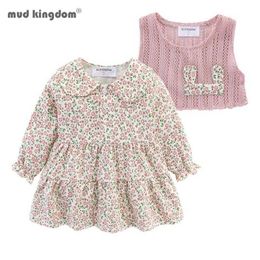 Mudkingdom Bunny Ear Baby Girl Dress Outfit Floral 2Pcs Flower and Knit Vest Set s Quarter Button 210615