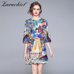 Summer Fashion Runway Luxury Flower Print A-Line Women's Three Quarter Sleeve Beading Elegant Loose Short Dress 210416