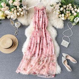 Women's Chic Super Fairy Sweet Appliques Flower Beach Dress Seaside Vacation Ins Fire Halter Chiffon ML785 210506