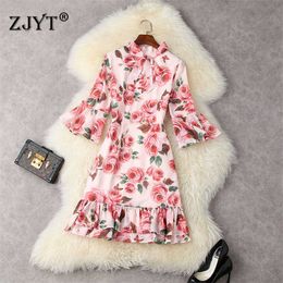 Elegant Bow Collar Flare Sleeve Print Chiffon Floral Summer Dresses for Women Female Clothing Sweet Pink Party Vestidos 210601