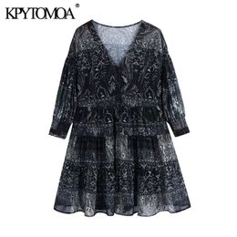 Women Chic Fashion Semi-Sheer Ruffled Printed Mini Dress Vintage V Neck Three Quarter Sleeve Female Dresses Mujer 210416