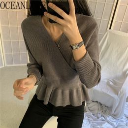 V Neck Fashion Mujer Sueteres Solid Vintage Korean Chic Pull Femme Autumn Ruffles Elegant Winter Woman Sweaters 19313 210415