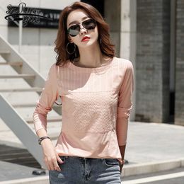 Cotton Tshirt Women Autumn Stitching Long Sleeve Shirt Women Embroidered Office Lady Slim Patchwork Korean Clothes 10852 210527
