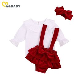 0-24M Valentines day born Infant Baby Girl Clothes Set Ruffles White Tops Bow Red Velvet Shorts Headband Outfit Xmas 210515