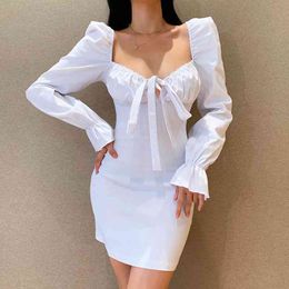 Spring Sexy Puff Sleeve V Neck Women Dress Bow Solid Color Cotton Mini es Fashion Empire Ruffles Sheath Party 210521