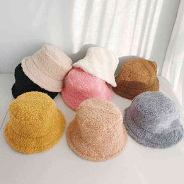 KENSHELLEY Lamb Wool Letter Women Solid Colour Fisherman's Hat Autumn Bucket Cap for Ladies Keep Warm Casual Female Flat Top Hat G220311