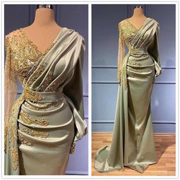 Arabic Dubai V Neck Satin Mermaid Evening Dress Sheer Long Sleeves Beaded Ruched Floor Length Formal Party Gowns Special Occasion Dresses BC10149