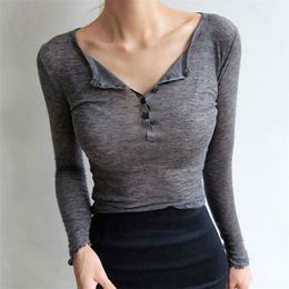 Long Sleeve Women Tee Shirt Sexy Casual Button T-Shirt Woman Tops Korean Cotton Slim Fit Basic Female Tops Fall Winter New 210330