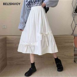 Bow Folds Skirt For Women High Waist Mid-calf A-line Solid White Saias Spring Summer Elegant Kawaii Japanese Preppy Girls Skirts 210520