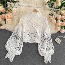Summer Sexy Women White Lace Shirt Long Sleeve Stand Collar Hollow Out Blouse Female Elegant Top 210415