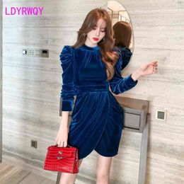 spring women's design pleated blue buttock dress Office Lady Sheath Zippers Knee-Length 210416